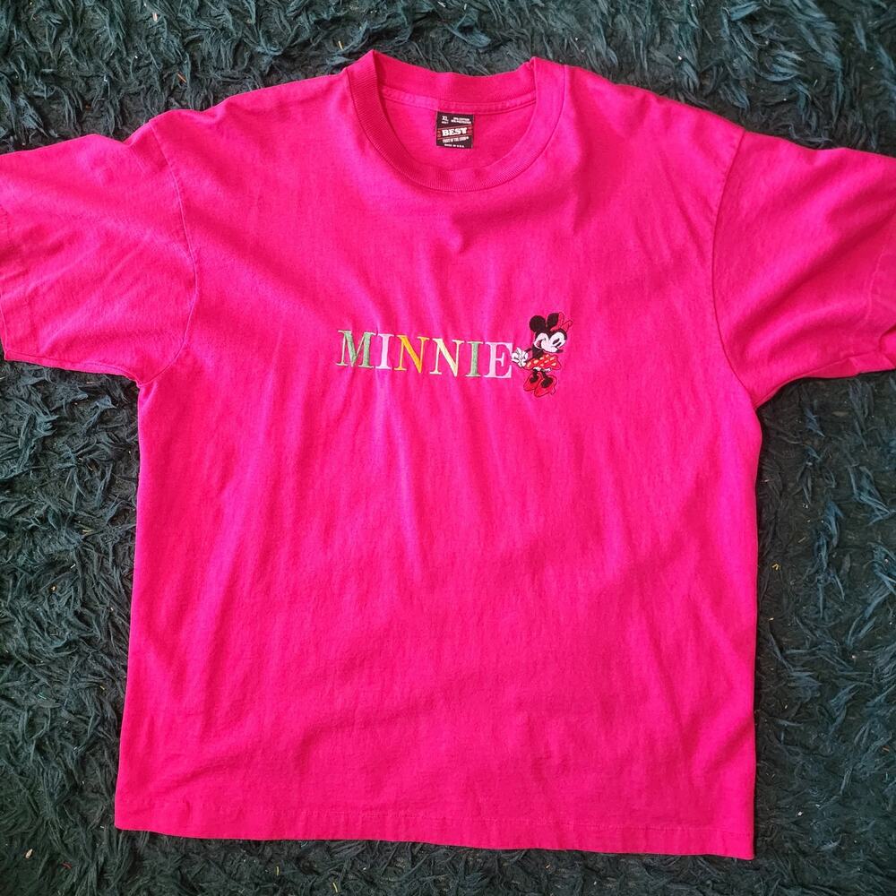 Vintage Minnie Mouse Embroidered Tee Pink Fruit of the Loom USA XL